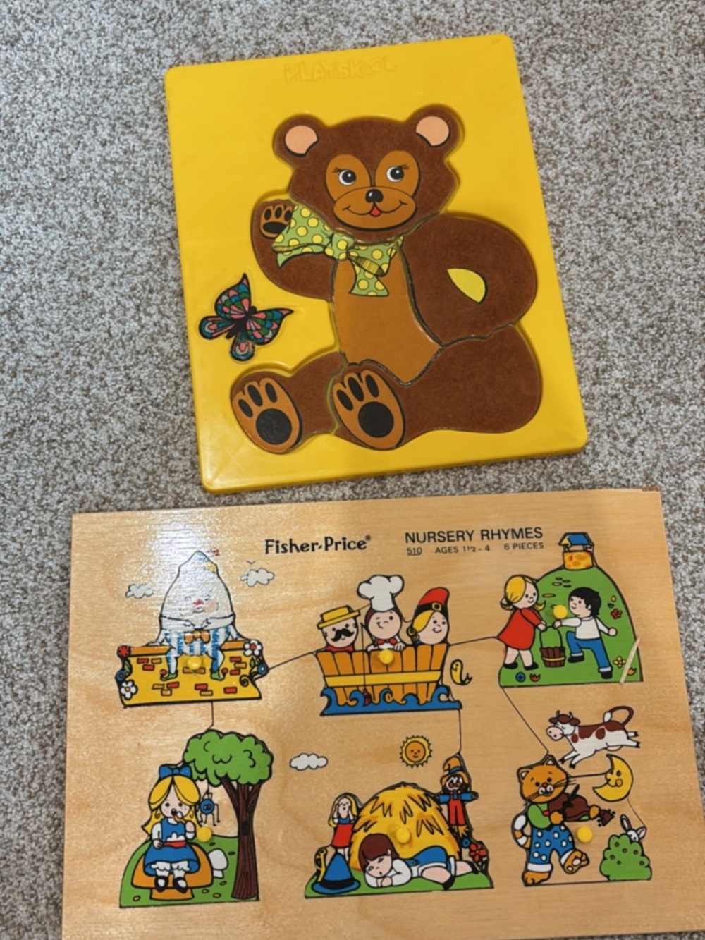 Vintage Playskool Bear and Fisher Price Nursery Rhymes Wooden Puzzles, Complete!